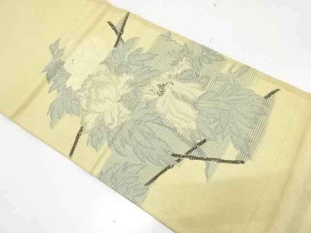 JAPANESE KIMONO / ANTIQUE MARU OBI FOR SUMMER / SILK / WOVEN BAMBOO FENCE & FLOWERS